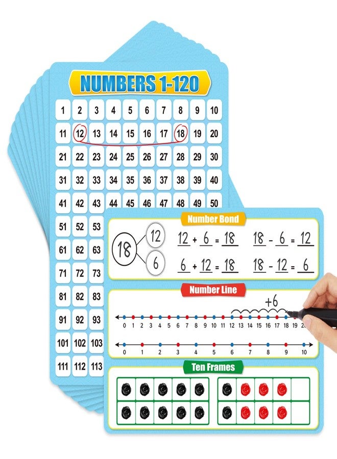 PraxiKidy 12 Pack Numbers 1-120 Chart Dry Erase Flash Card,12" x 9" Number Line Ten Frame Math Manipulatives Small White Board for Student Teacher Kindergarten 1ST 2ND Classroom Homeschool Supplies - Image 1